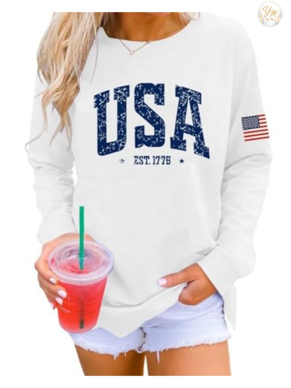 Womens USA Graphic Sweatshirt Long Sleeve Crew Neck Pullover